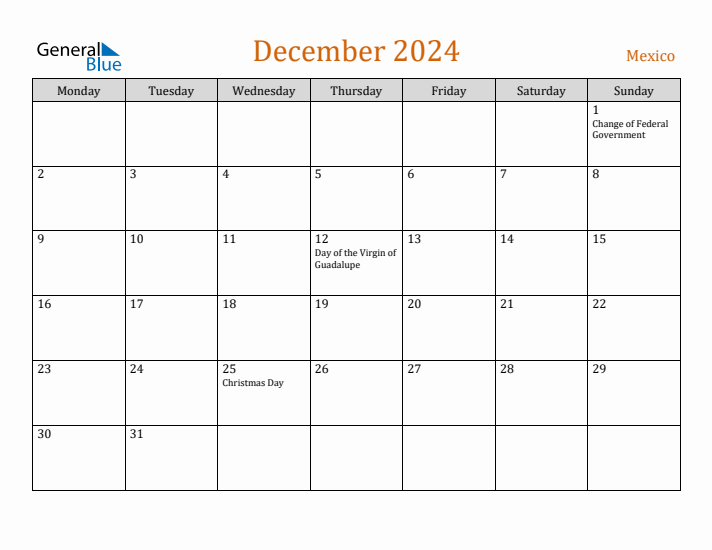 December 2024 Holiday Calendar with Monday Start