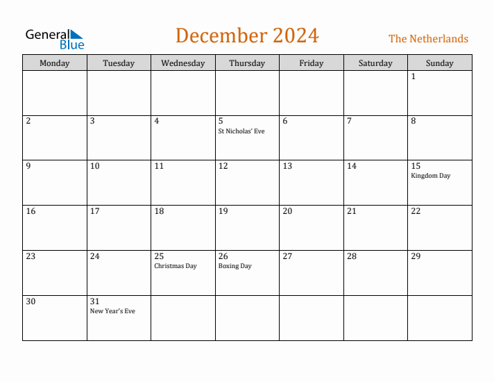 December 2024 Holiday Calendar with Monday Start