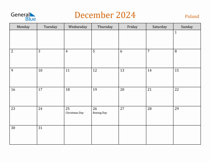 December 2024 Holiday Calendar with Monday Start