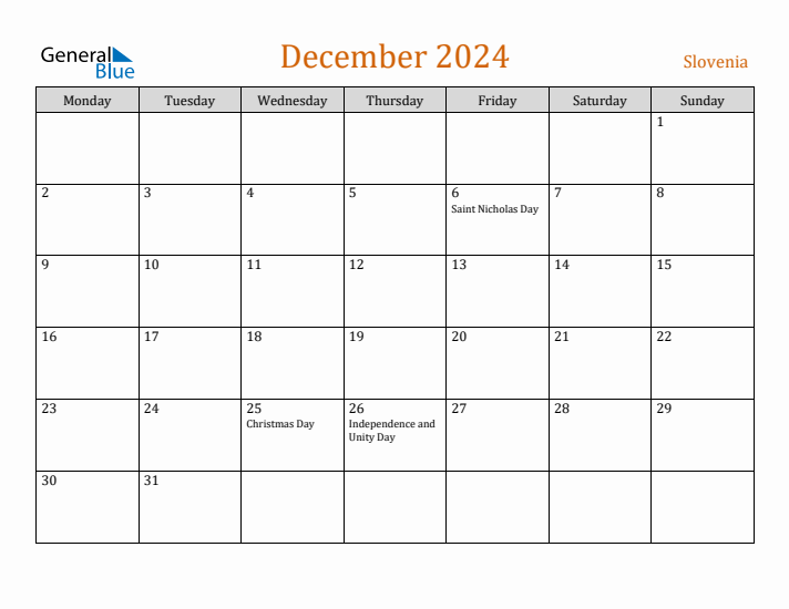 December 2024 Holiday Calendar with Monday Start