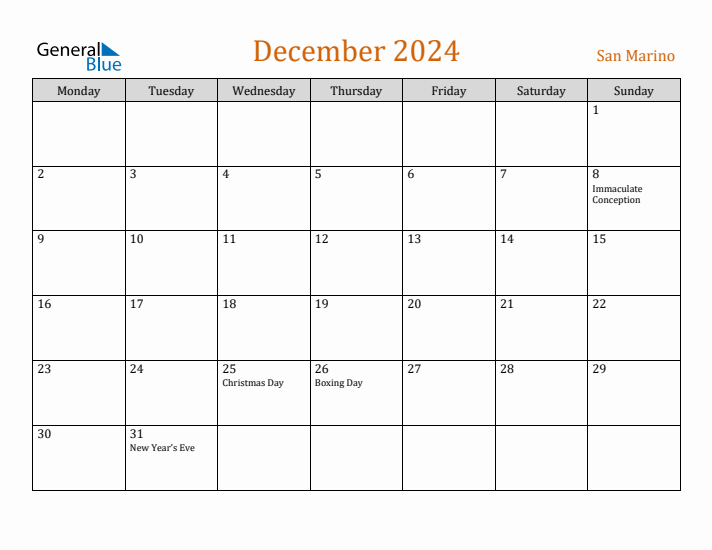 December 2024 Holiday Calendar with Monday Start