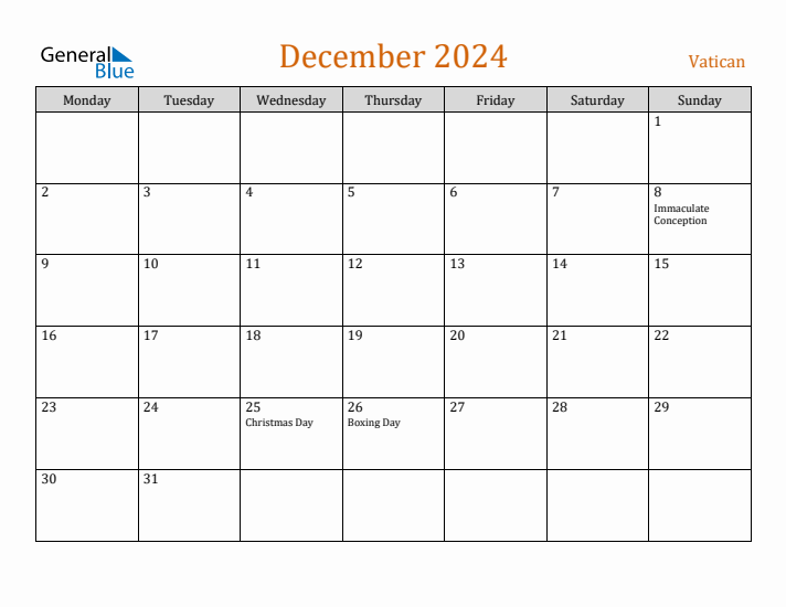 December 2024 Holiday Calendar with Monday Start