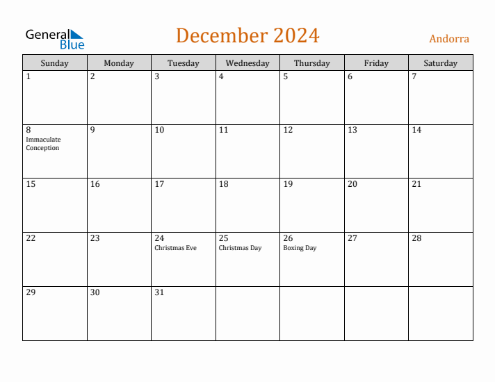 December 2024 Holiday Calendar with Sunday Start