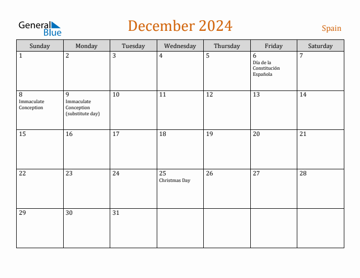 December 2024 Holiday Calendar with Sunday Start