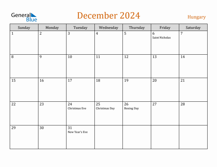 December 2024 Holiday Calendar with Sunday Start