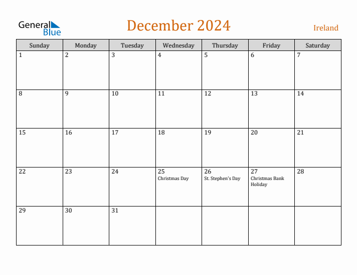 December 2024 Holiday Calendar with Sunday Start