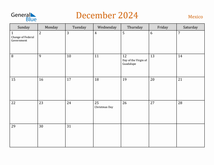 December 2024 Holiday Calendar with Sunday Start