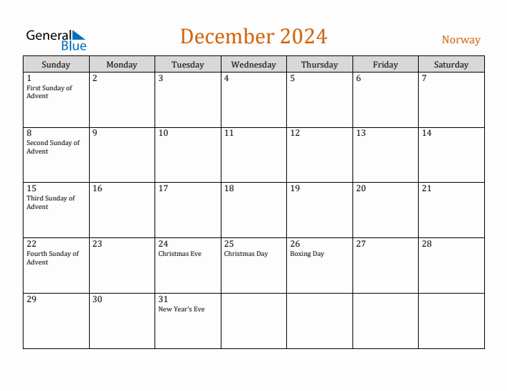 December 2024 Holiday Calendar with Sunday Start