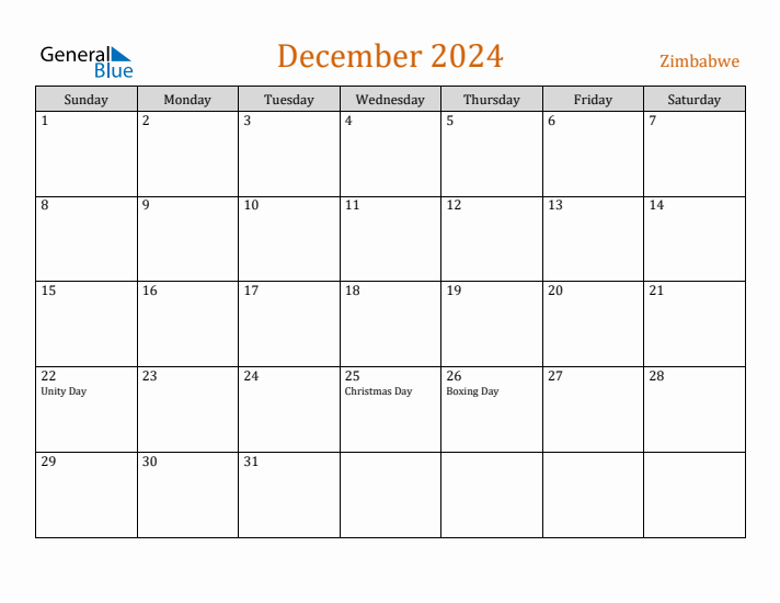 December 2024 Holiday Calendar with Sunday Start