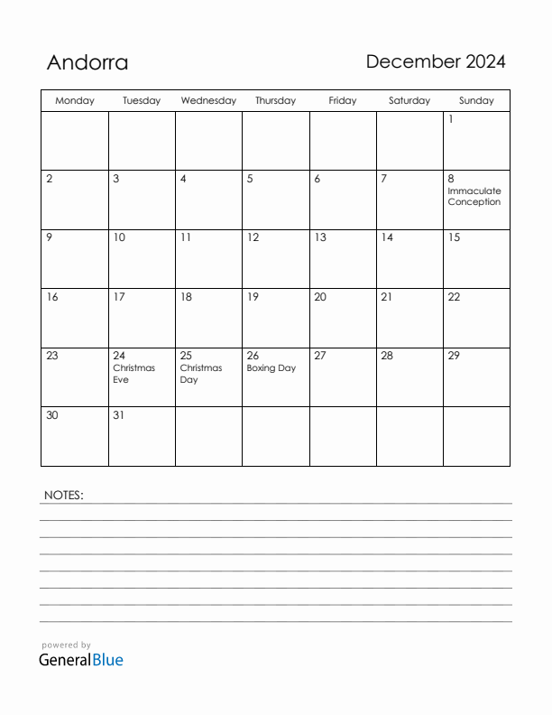 December 2024 Andorra Calendar with Holidays (Monday Start)