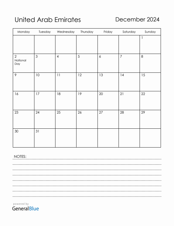 December 2024 United Arab Emirates Calendar with Holidays (Monday Start)