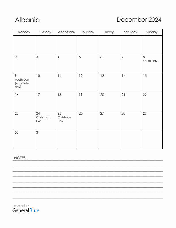 December 2024 Albania Calendar with Holidays (Monday Start)