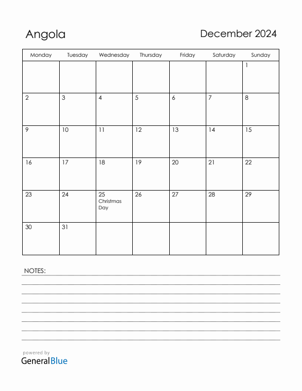 December 2024 Angola Calendar with Holidays (Monday Start)