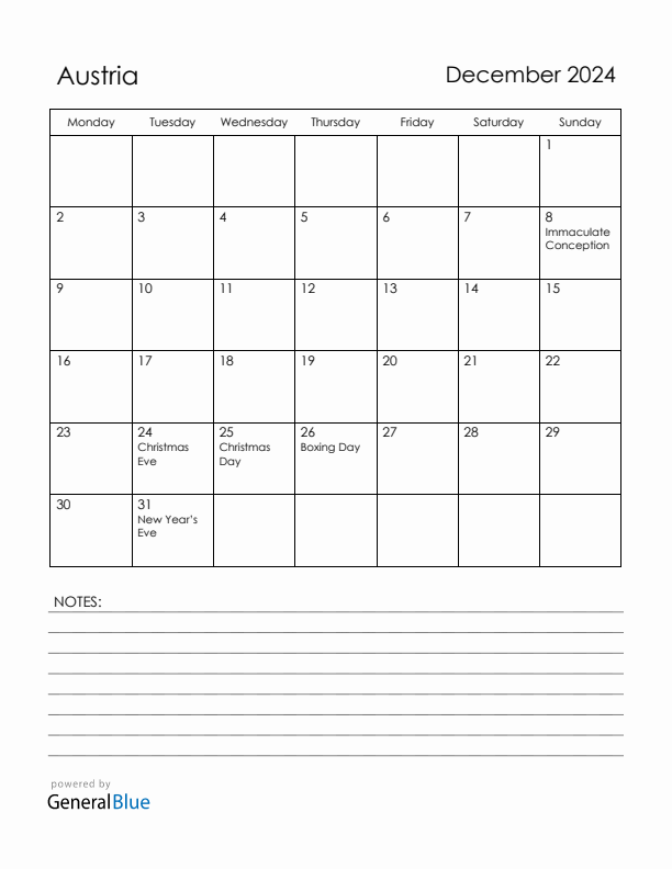 December 2024 Austria Calendar with Holidays (Monday Start)