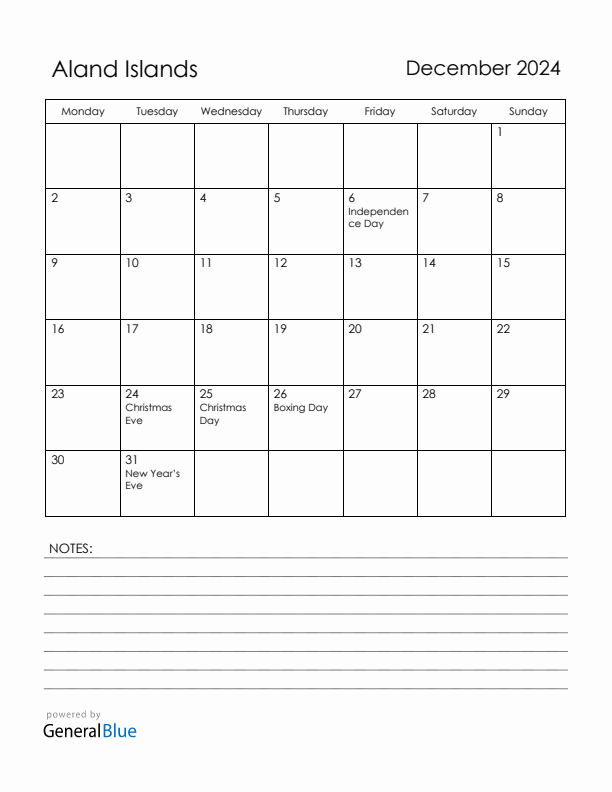 December 2024 Aland Islands Calendar with Holidays (Monday Start)