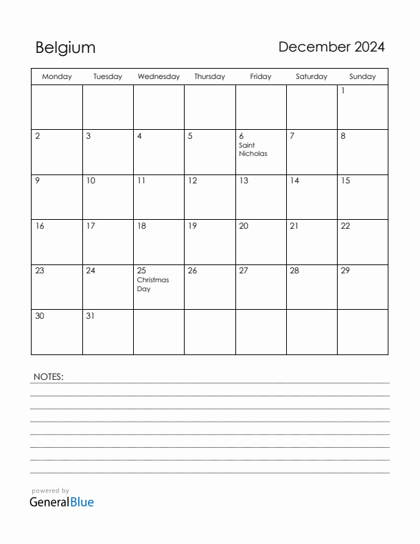 December 2024 Belgium Calendar with Holidays (Monday Start)