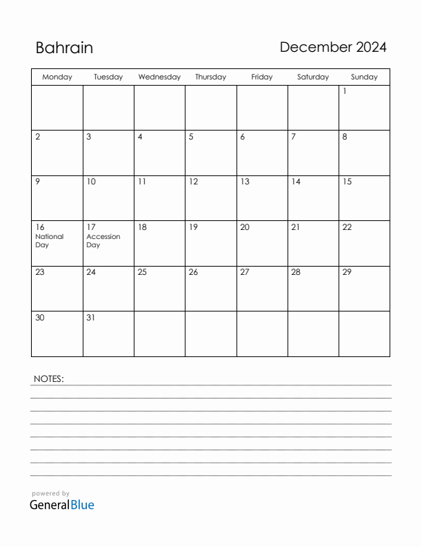 December 2024 Bahrain Calendar with Holidays (Monday Start)