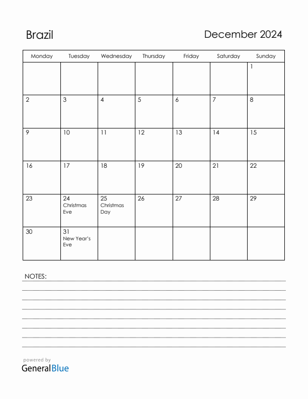 December 2024 Brazil Calendar with Holidays (Monday Start)