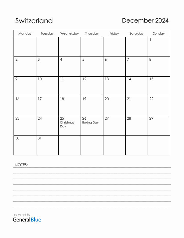 December 2024 Switzerland Calendar with Holidays (Monday Start)