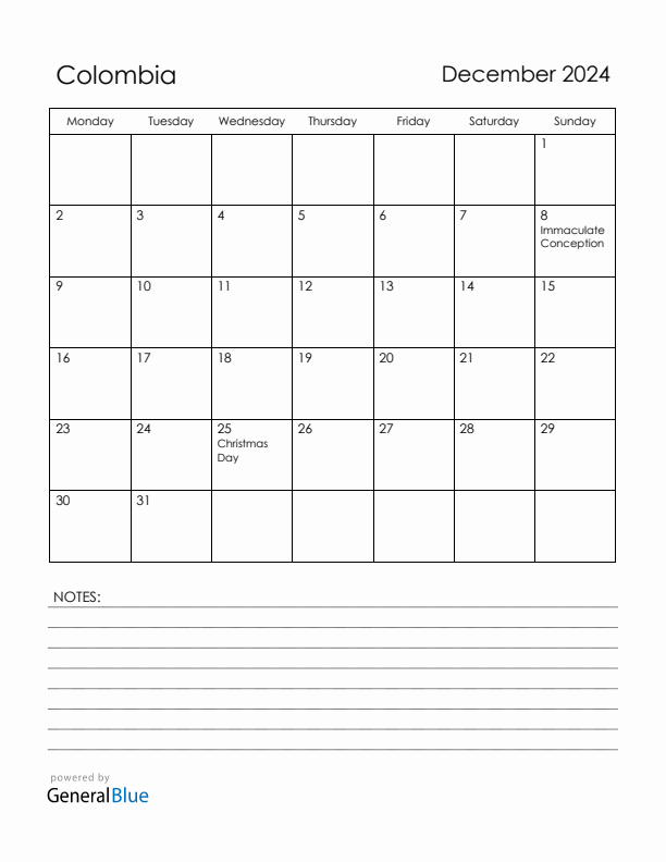 December 2024 Colombia Calendar with Holidays (Monday Start)