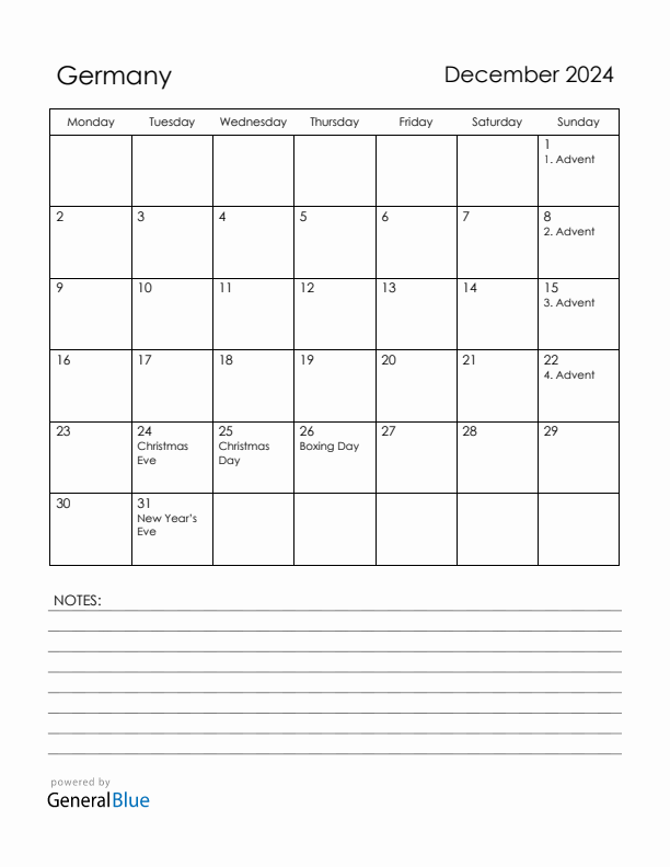 December 2024 Germany Calendar with Holidays (Monday Start)