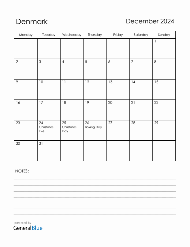 December 2024 Denmark Calendar with Holidays (Monday Start)