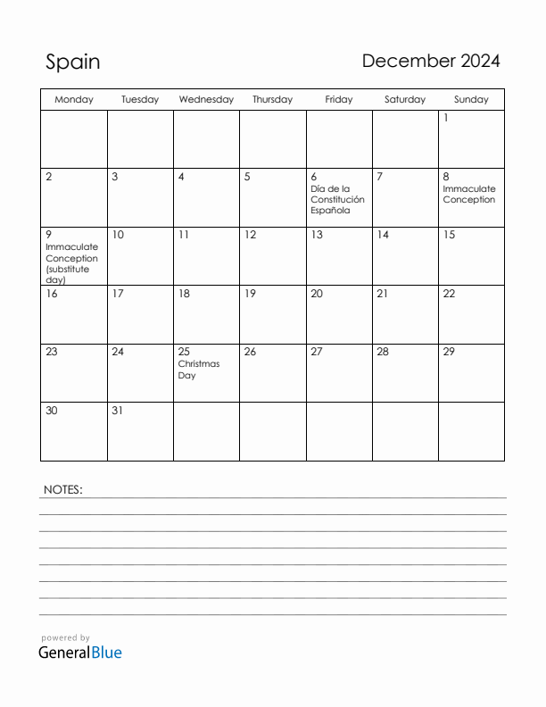 December 2024 Spain Calendar with Holidays (Monday Start)