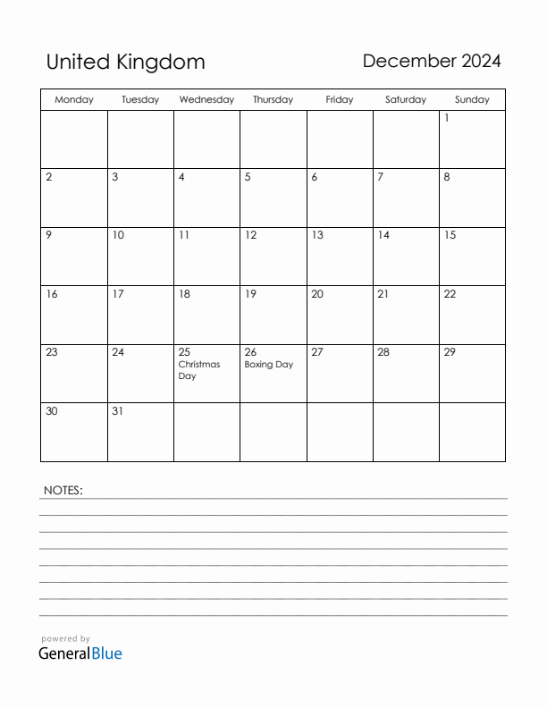 December 2024 United Kingdom Calendar with Holidays (Monday Start)