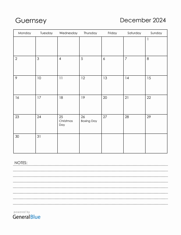 December 2024 Guernsey Calendar with Holidays (Monday Start)