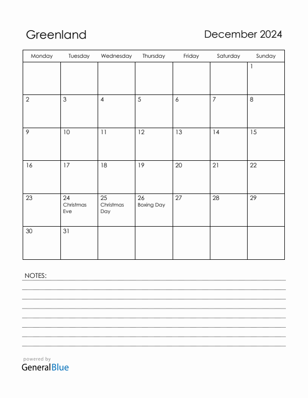 December 2024 Greenland Calendar with Holidays (Monday Start)