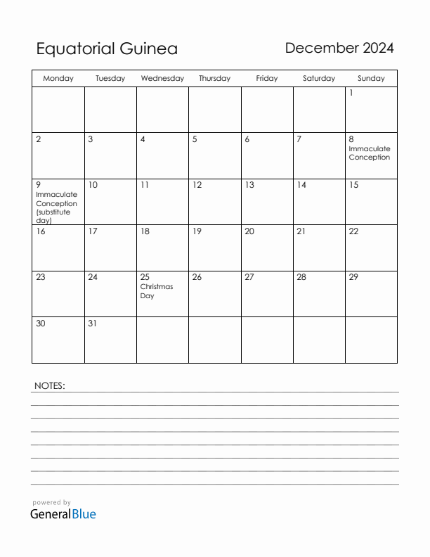 December 2024 Equatorial Guinea Calendar with Holidays (Monday Start)