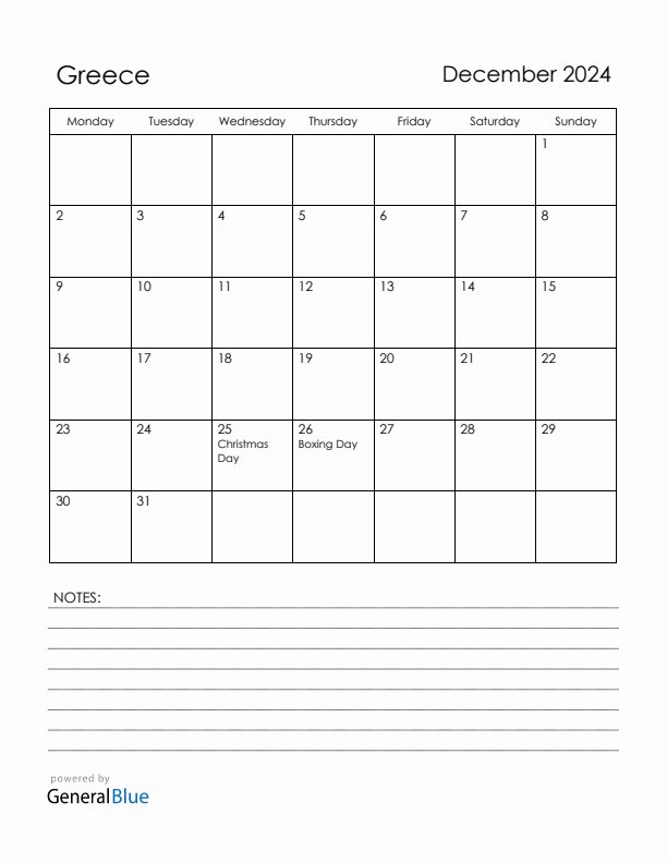 December 2024 Greece Calendar with Holidays (Monday Start)