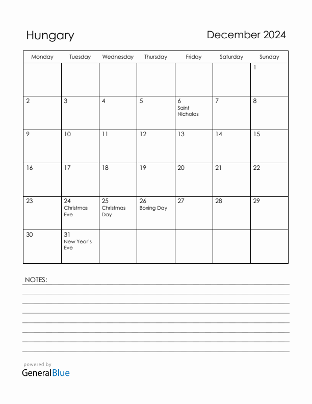 December 2024 Hungary Calendar with Holidays (Monday Start)