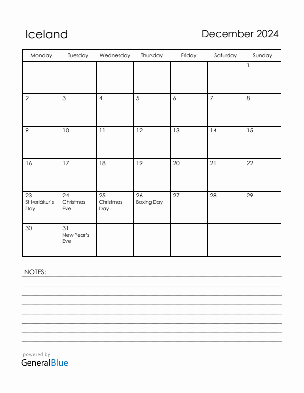 December 2024 Iceland Calendar with Holidays (Monday Start)