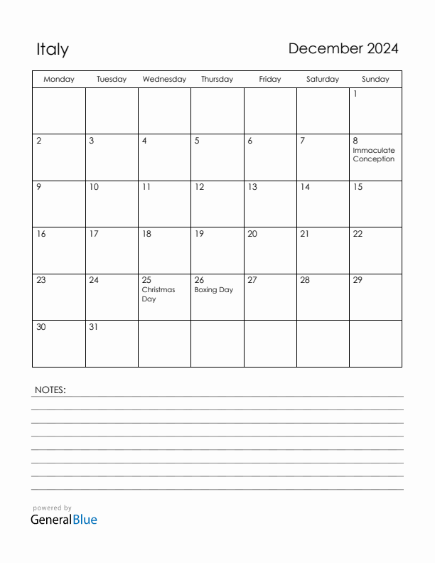 December 2024 Italy Calendar with Holidays (Monday Start)