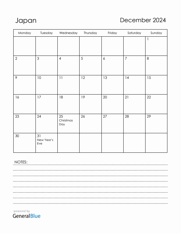 December 2024 Japan Calendar with Holidays (Monday Start)