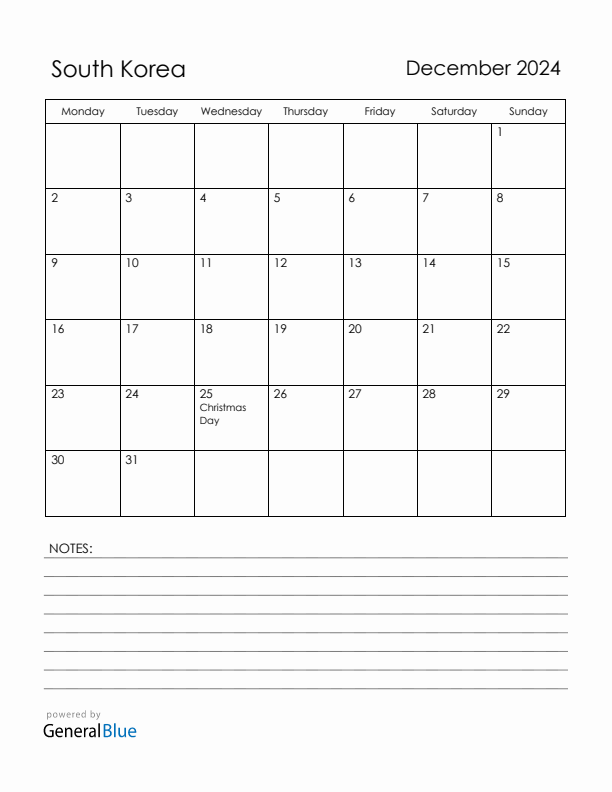 December 2024 South Korea Calendar with Holidays (Monday Start)