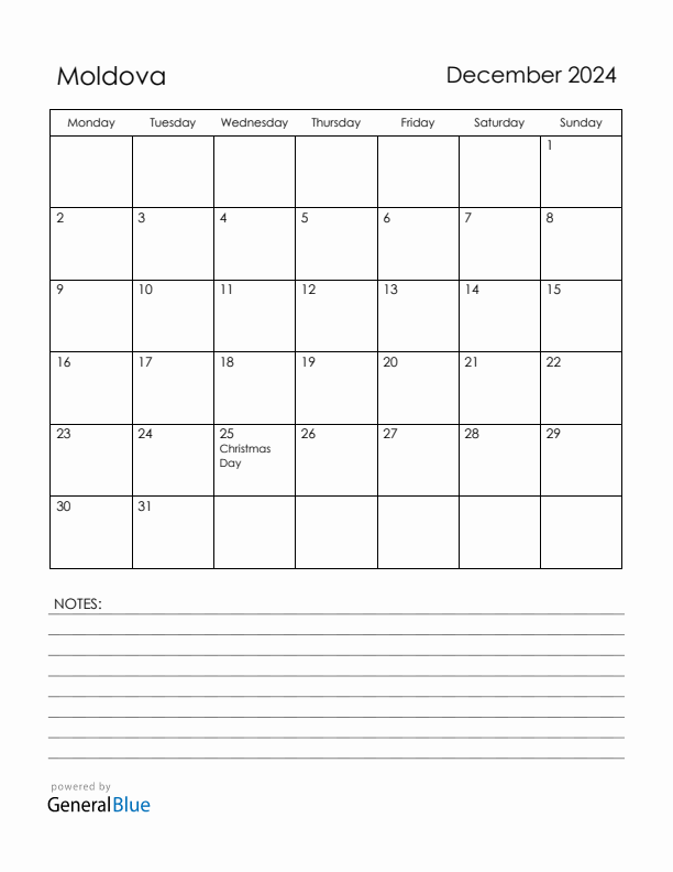 December 2024 Moldova Calendar with Holidays (Monday Start)