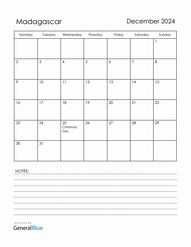 December 2024 Madagascar Calendar with Holidays (Monday Start)
