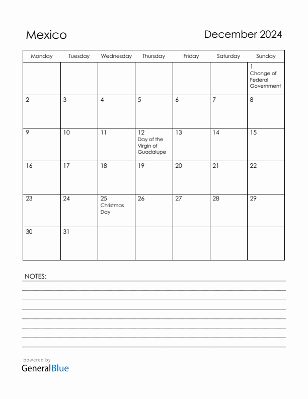 December 2024 Mexico Calendar with Holidays (Monday Start)