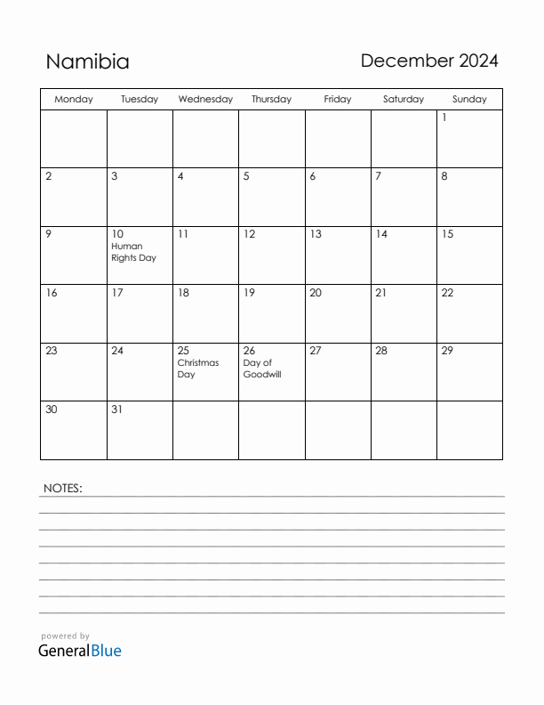 December 2024 Namibia Calendar with Holidays (Monday Start)