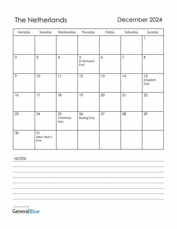 December 2024 The Netherlands Calendar with Holidays (Monday Start)