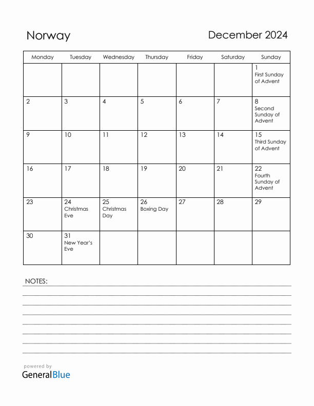 December 2024 Norway Calendar with Holidays (Monday Start)