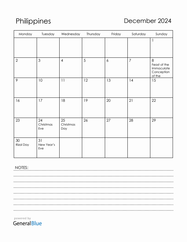 December 2024 Philippines Calendar with Holidays (Monday Start)