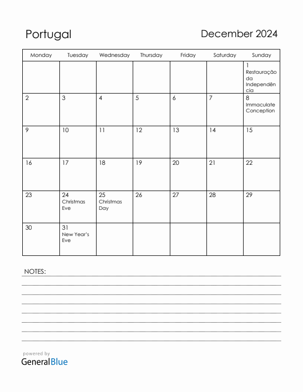December 2024 Portugal Calendar with Holidays (Monday Start)