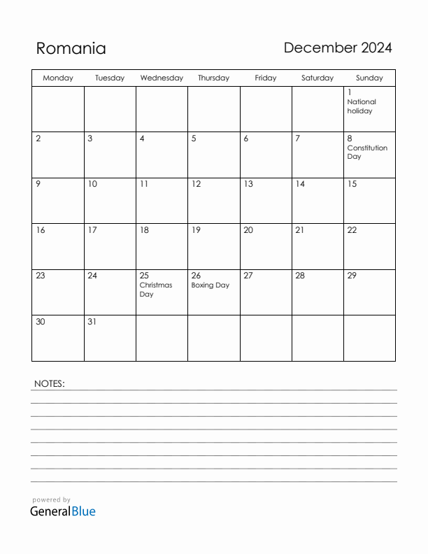 December 2024 Romania Calendar with Holidays (Monday Start)
