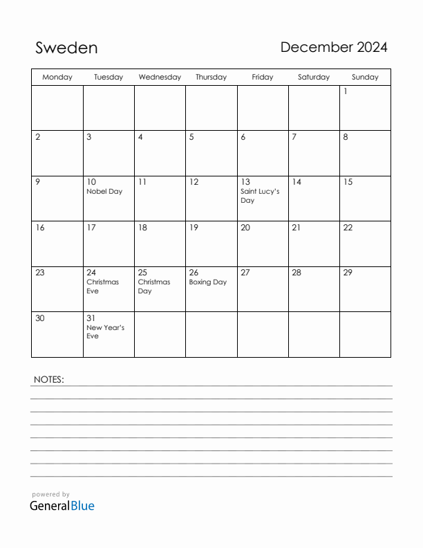 December 2024 Sweden Calendar with Holidays (Monday Start)
