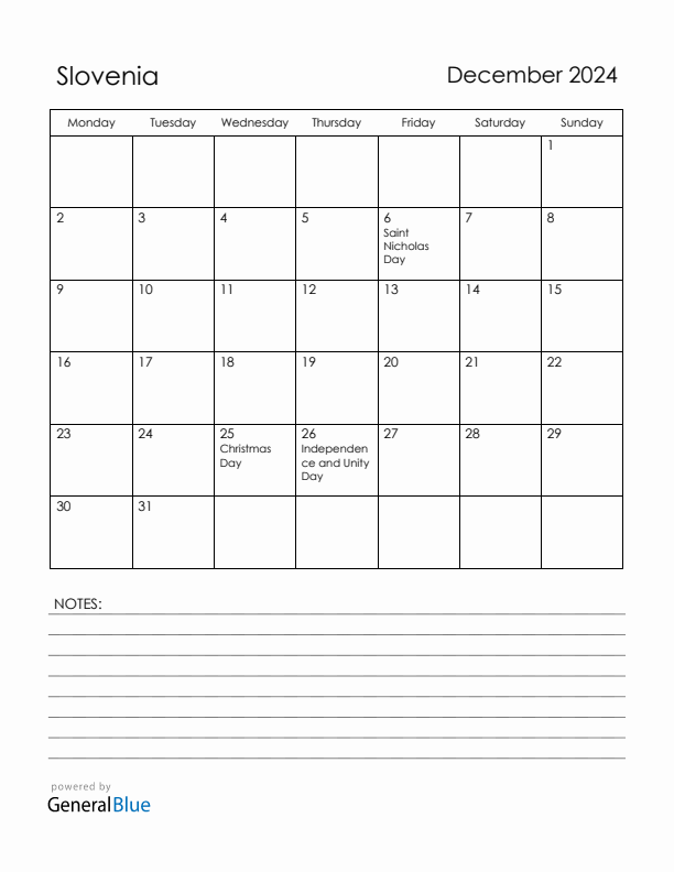 December 2024 Slovenia Calendar with Holidays (Monday Start)