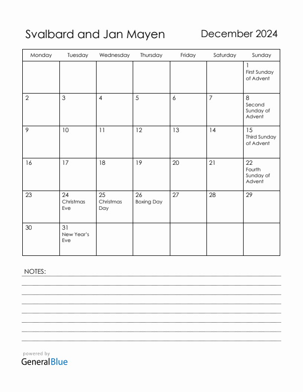 December 2024 Svalbard and Jan Mayen Calendar with Holidays (Monday Start)