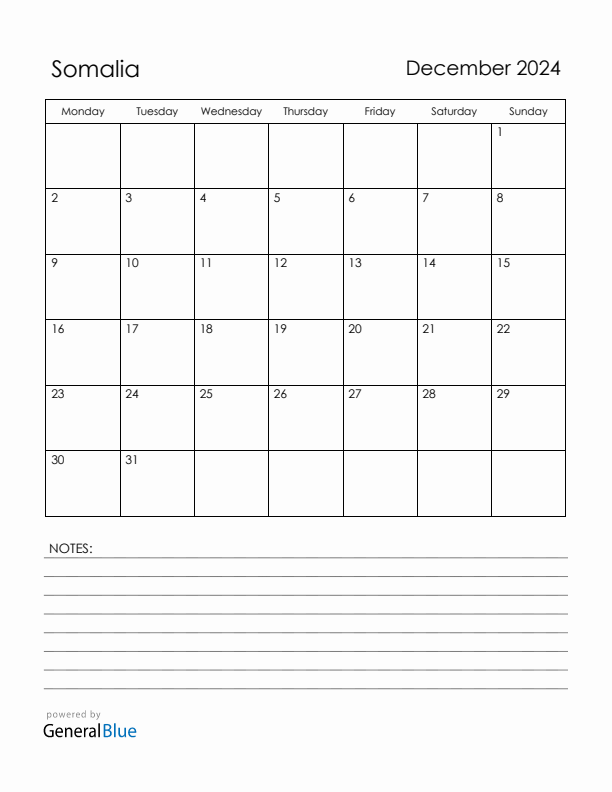 December 2024 Somalia Calendar with Holidays (Monday Start)